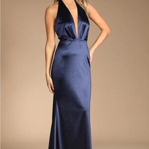 Beguiling Beauty Navy Blue Satin Halter Mermaid Maxi Dress